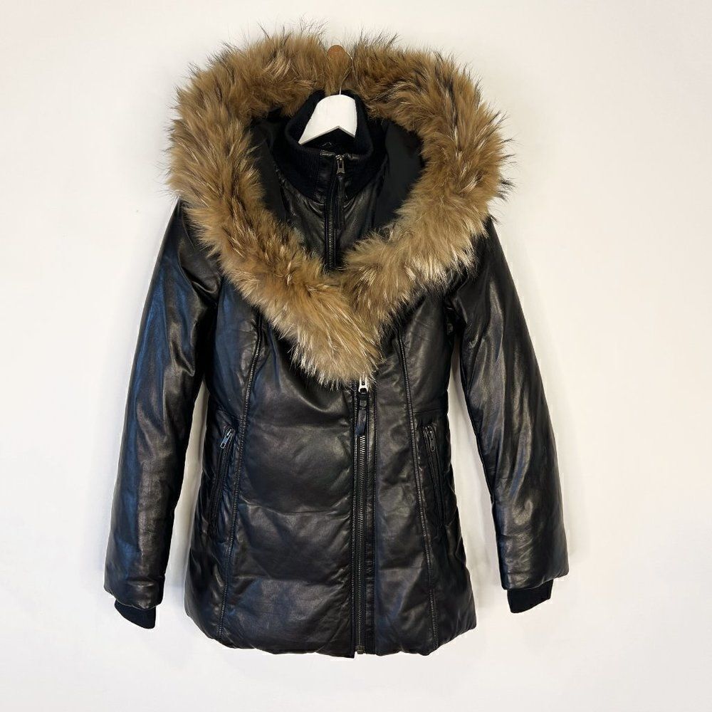 Mackage Ingrid Black Lambskin Leather Down Parka with Fur Trim Hood